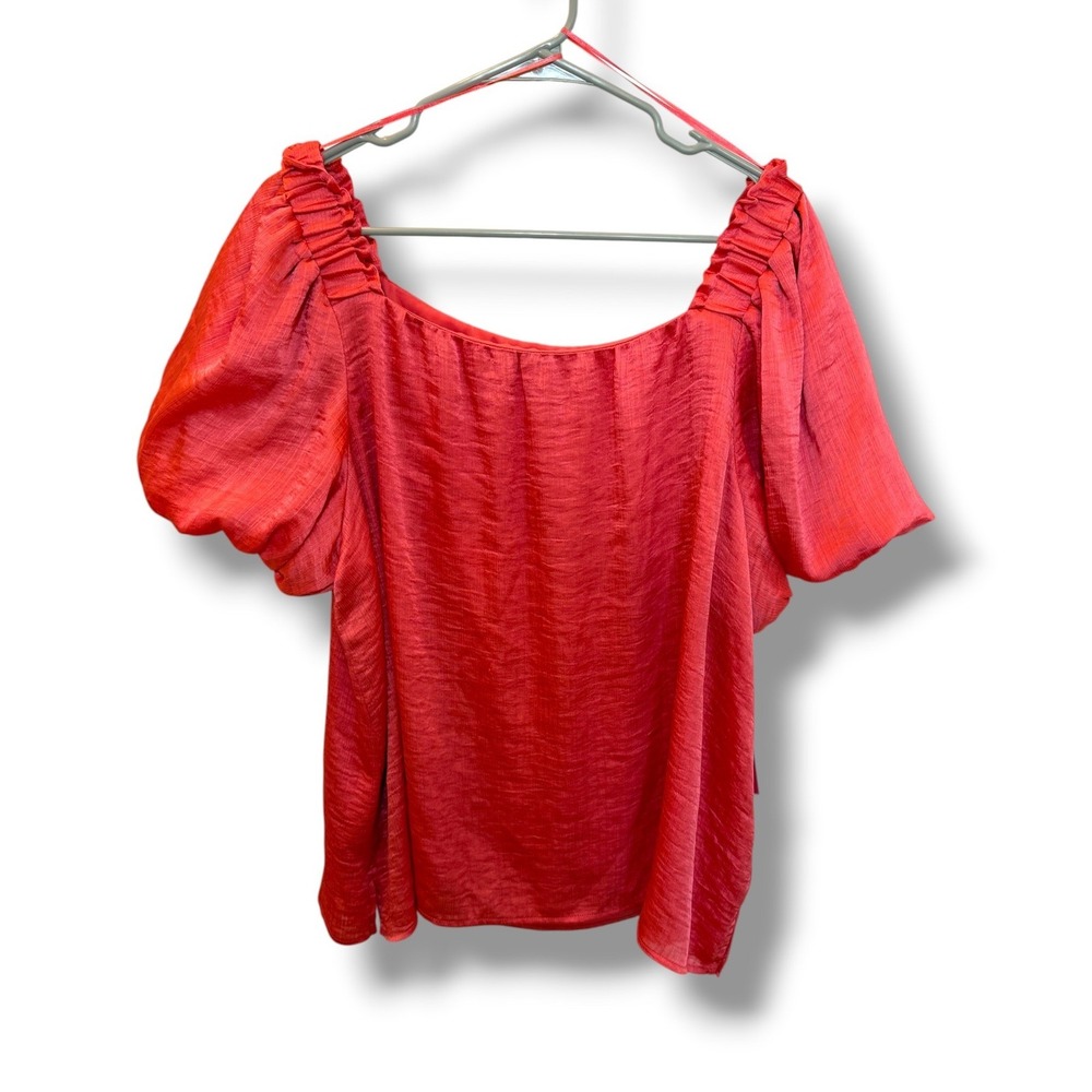 Vince Camuto Blouse Women XXL Coral Pink Puff Sleeve Smocked Square Neck Top NWT